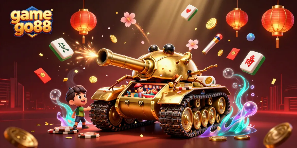 Play the exciting game go88 with a golden beetle tank revealing a casino inside, surrounded by festive elements.