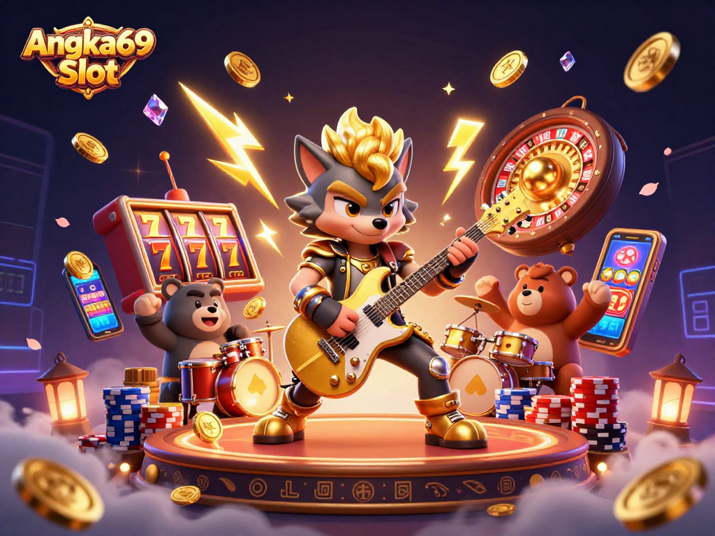 Experience Angka69 Slot with a rock star wolf and a wild bear in a dynamic casino scene.