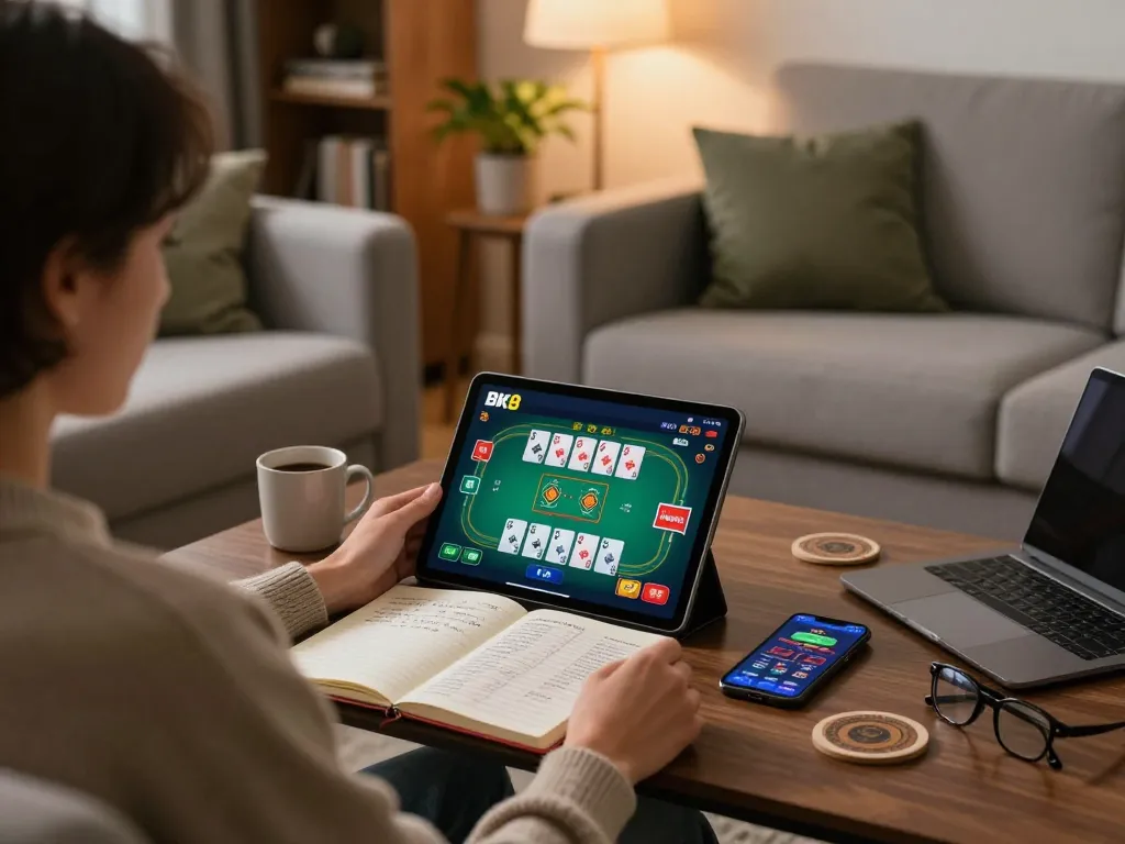 Player using BK8 app on tablet for poker gaming in cozy home setting