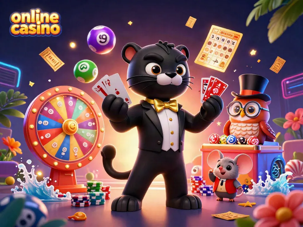 Engaging scene showcasing stylish characters in an online casino atmosphere, featuring a black panther, owl, and lucky mouse.
