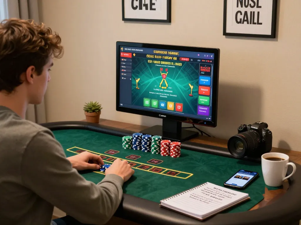 Engaged player strategizing bets at a Go 88 virtual blackjack table in a cozy home office.