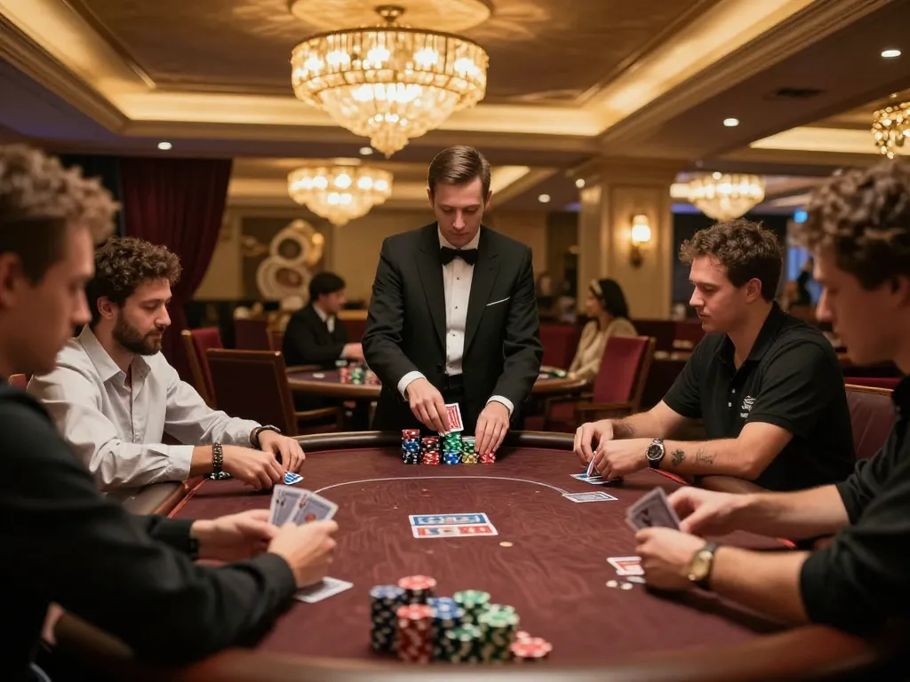 Sunwin players engaged in a thrilling poker game, showcasing strategy and excitement in an upscale casino atmosphere