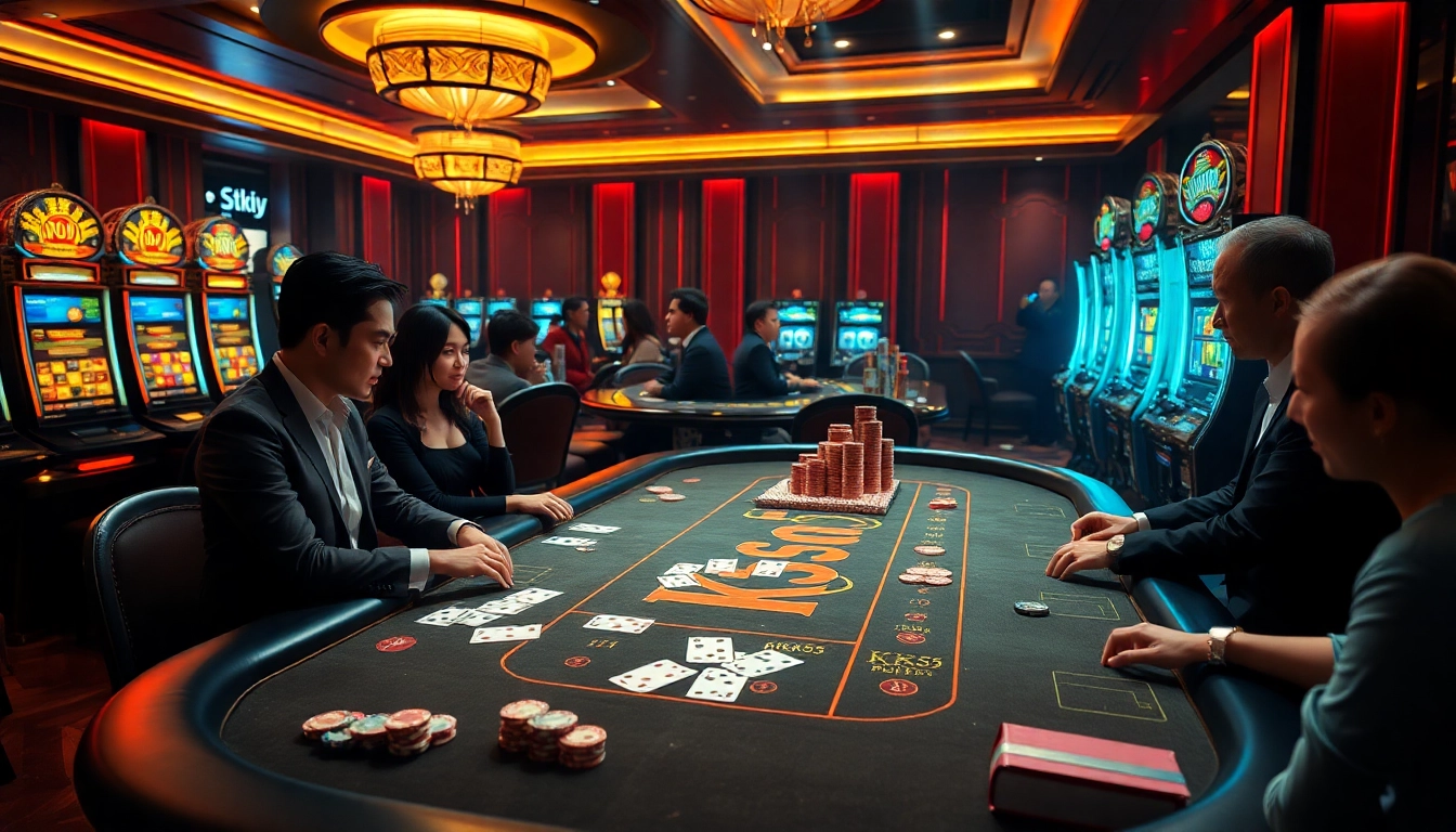 Engaging players at the KK55 themed casino table with cards and chips.