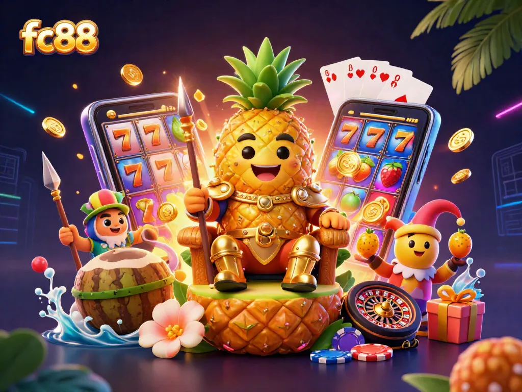 Play thrilling slot games with fc88 in an exciting 3D casino scene featuring colorful characters.