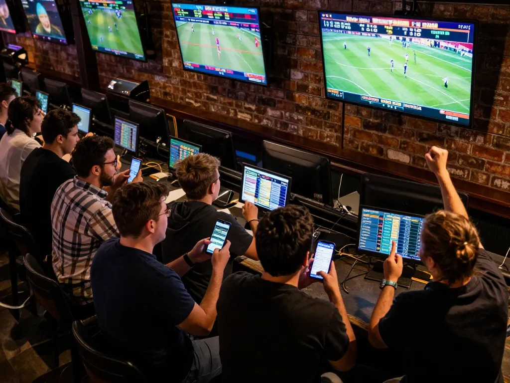 Engaged bettors at TG88 using mobile devices to place sports bets in a lively environment