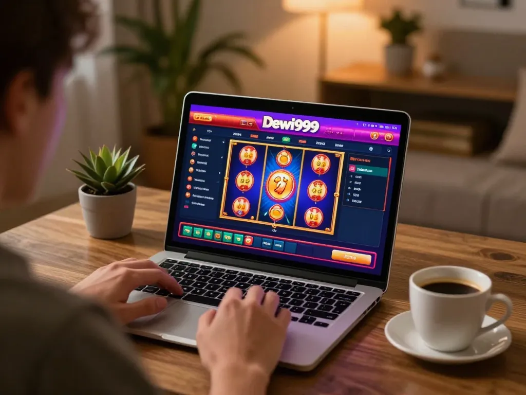 Pemain menikmati permainan kasino online Dewi999 di laptop dalam suasana rumah yang nyaman.