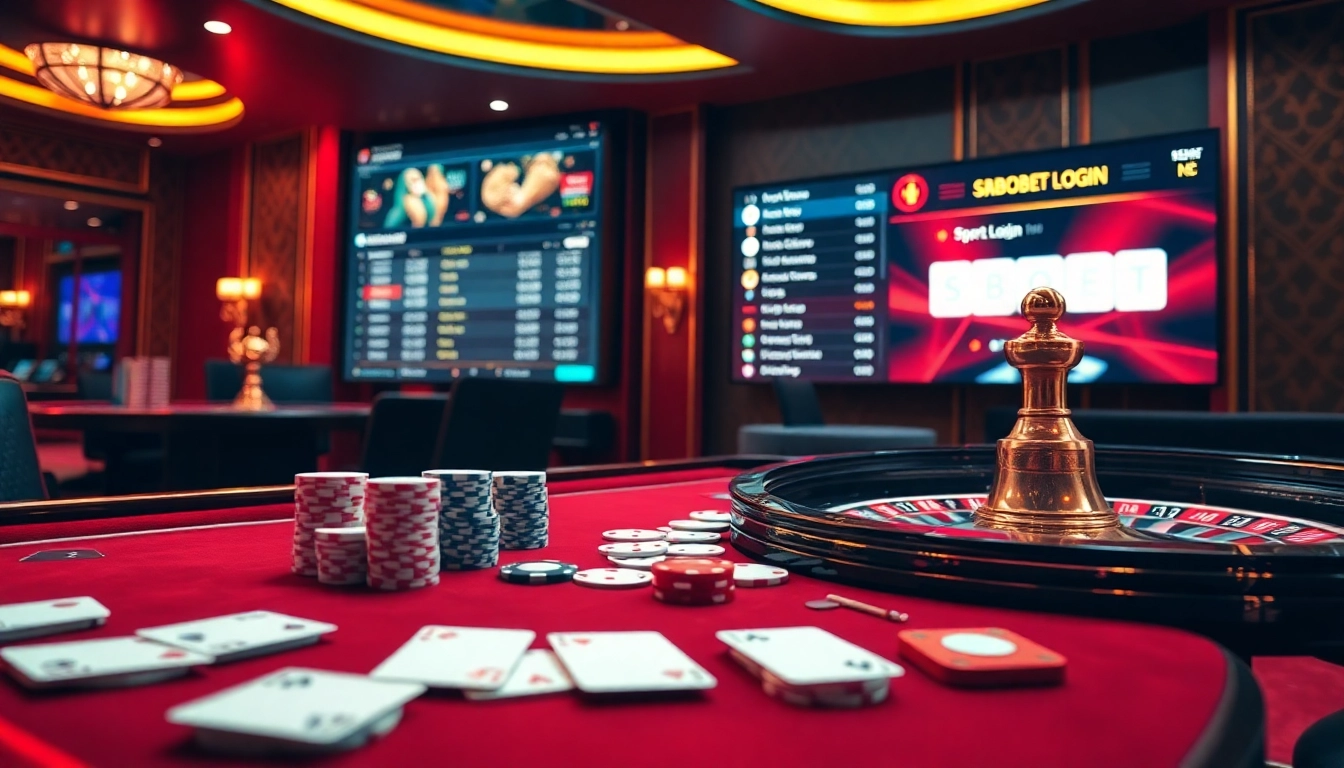 SBOBET login interface displayed among poker chips and casino elements, creating an immersive gambling atmosphere.