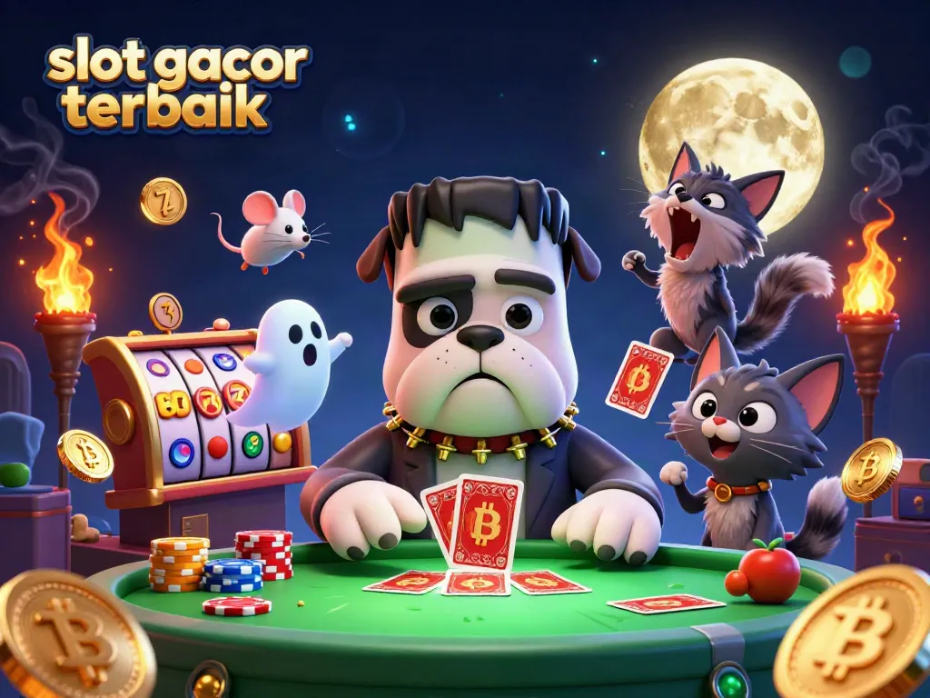 Meja kasino menakjubkan dengan karakter monster Frankenstein dan kucing serigala, cocok untuk slot gacor terbaik.
