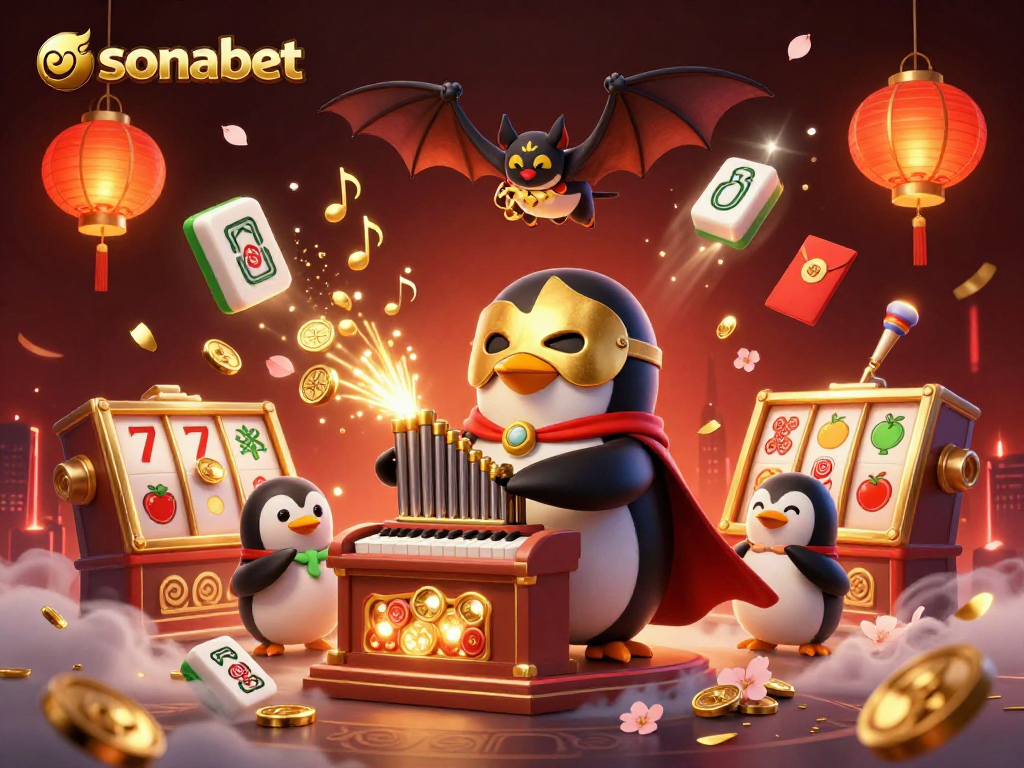Engage with sonabet's casino action in a vibrant, detailed 3D illustration showcasing a phantom penguin and golden treasures.