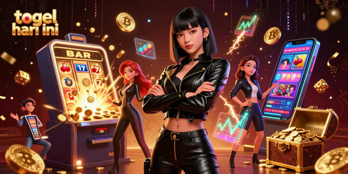 Engage with togel hari ini as a stunning Asian woman oversees a dynamic casino environment filled with gold coins and slot elements.