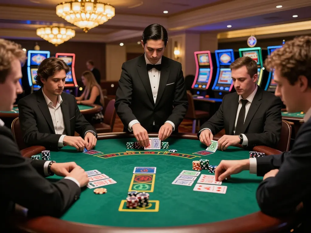 rik88 players engaging at a blackjack table in a vibrant casino setting
