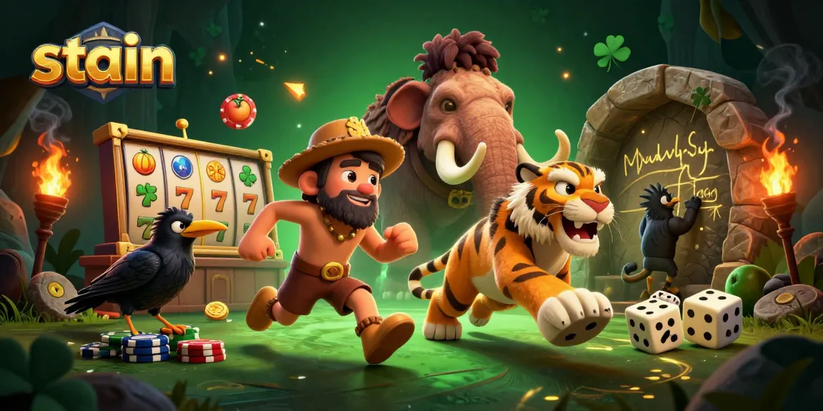 Engaging illustration of a savvy stain casino duo using stone chips and slot reels in a prehistoric setting.