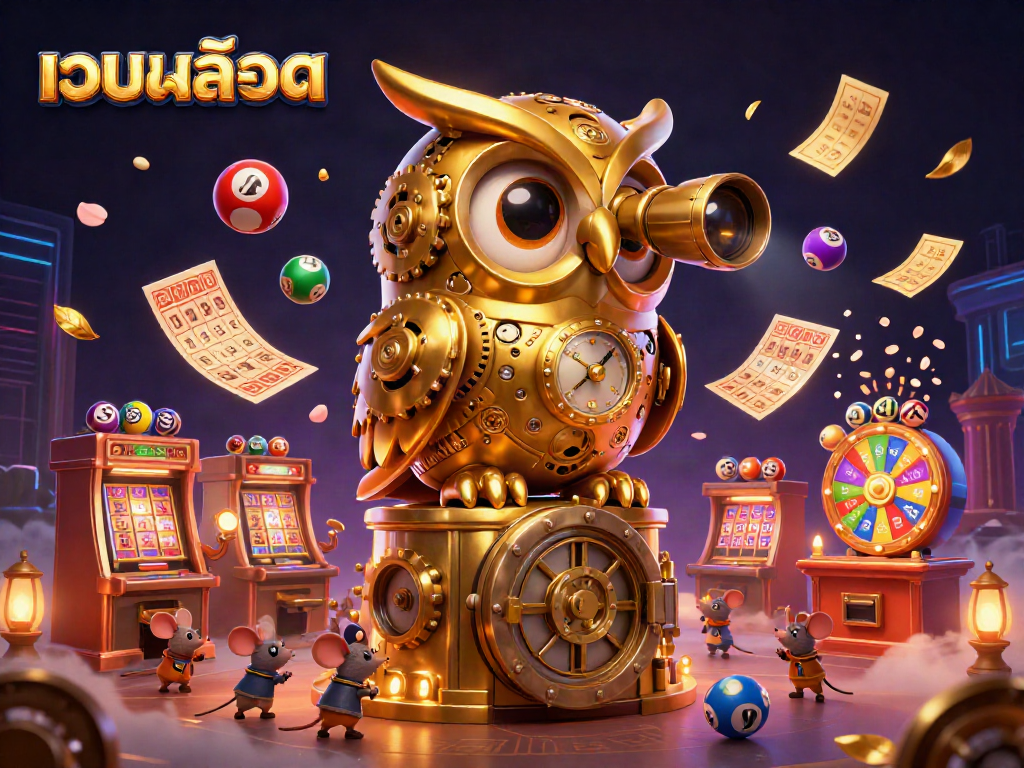 Engage with เว็บสล็อต as a golden owl oversees a dynamic casino with interactive elements.