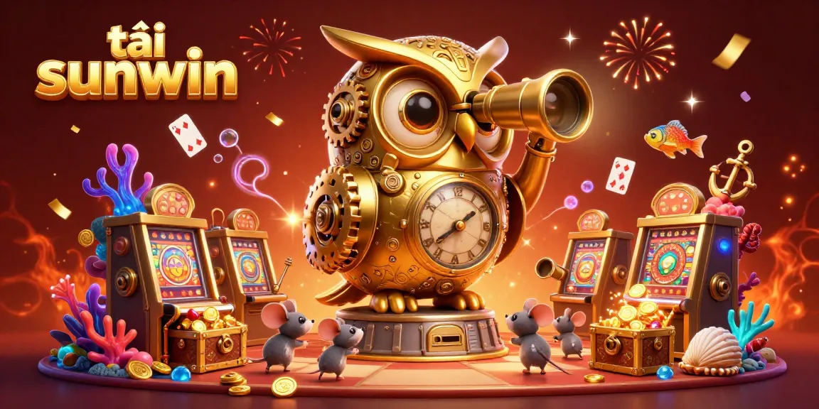 Tải sunwin showcases a vibrant 3D casino scene with a golden owl and tiny patrons enjoying games.