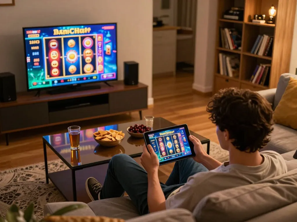 Engaging in thrilling casino gaming at goal123.ac from a cozy home setup with tablet gameplay.