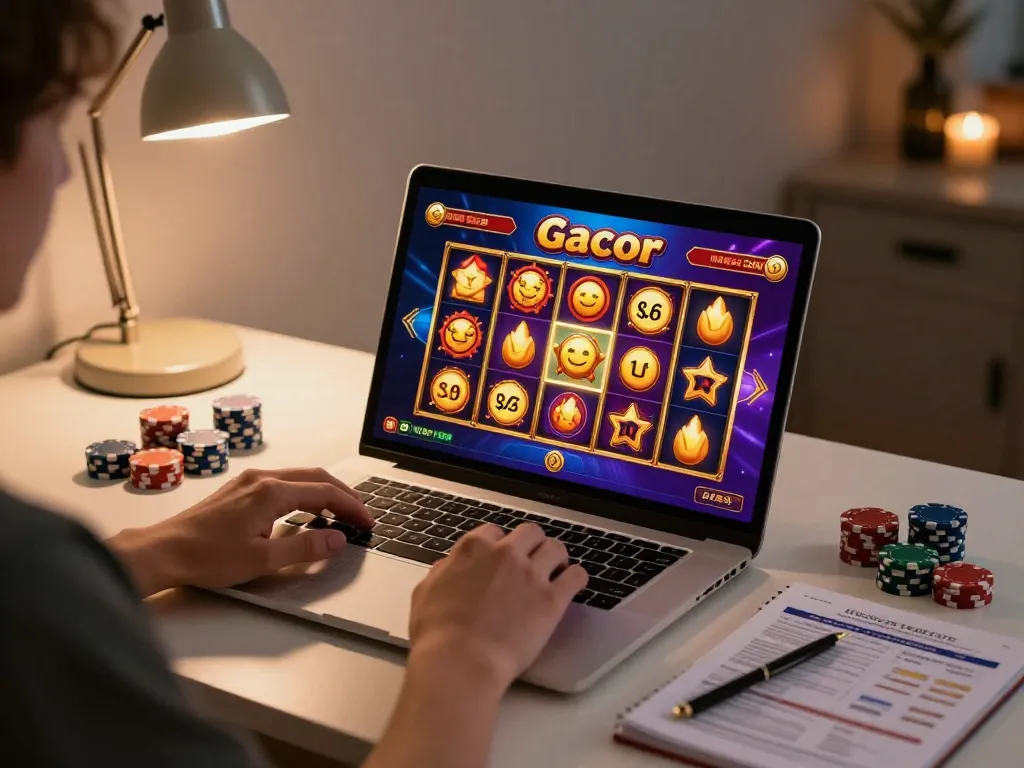 Engaging gameplay on slot gacor displayed on laptop screen in cozy home setting.