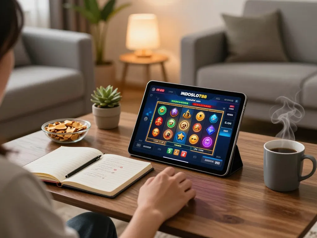 Engaging with the INDOSLOT88 resmi app for online slots, showcasing a cozy gaming environment.