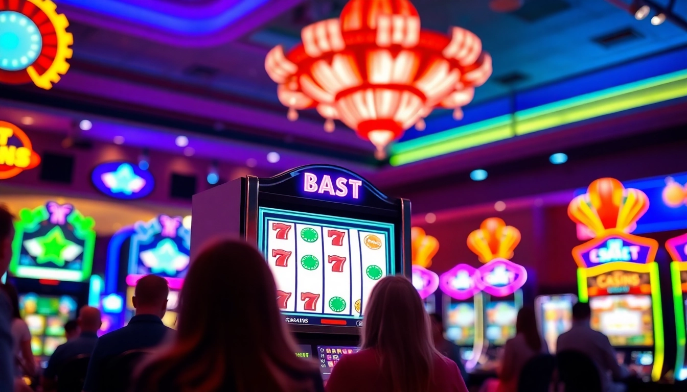 Spinning reels on the best online slots machine in a vibrant casino atmosphere.