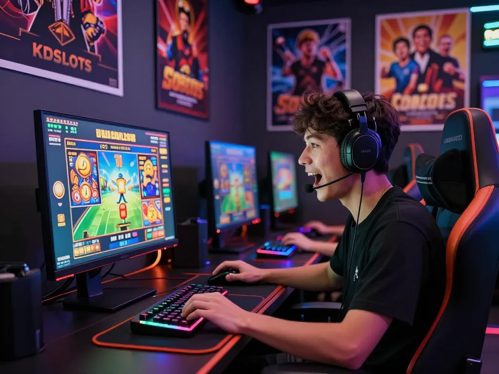 KDSlot gaming experience with player engaged, colorful interface, dynamic atmosphere.