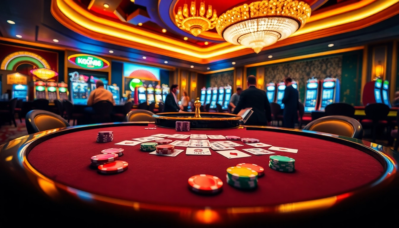 Experience the thrill of Nhà cái KONG88 at a luxurious casino gaming table filled with colorful poker chips.