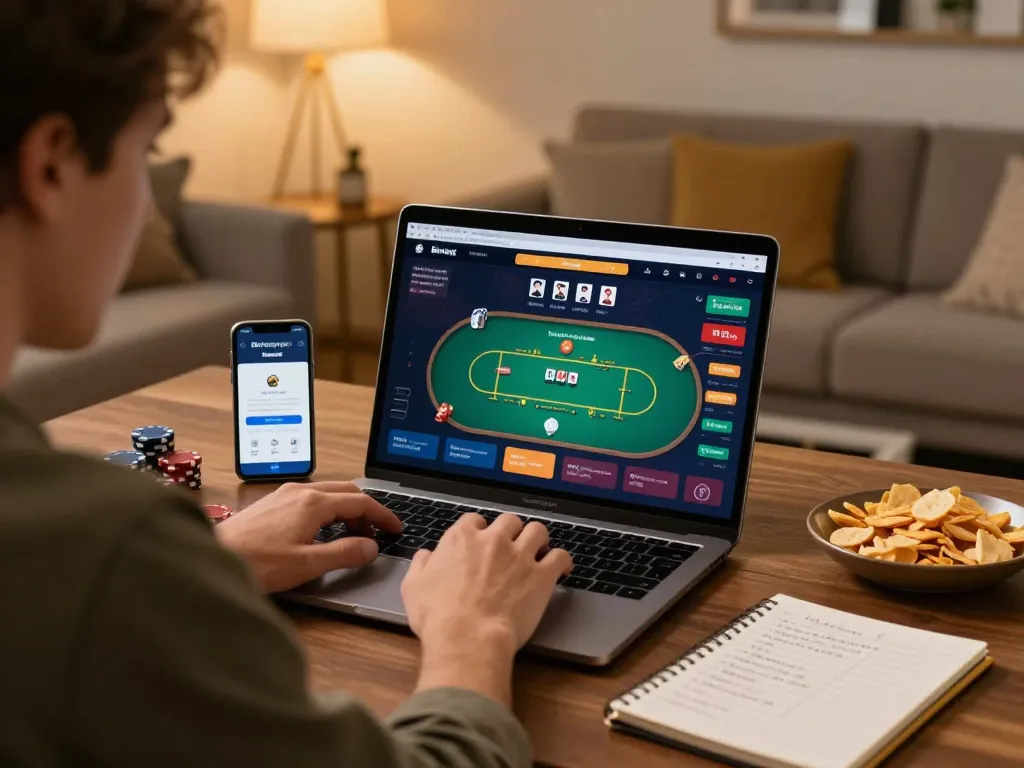 Pemain yang merancang strategi di Bintangmpo selama permainan poker online di lingkungan yang nyaman