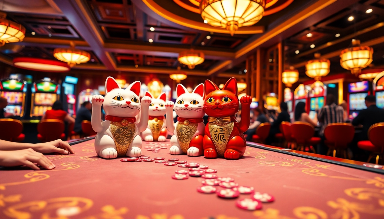 Lucky Neko-themed casino table featuring vibrant decor and players engaged in high-stakes betting.