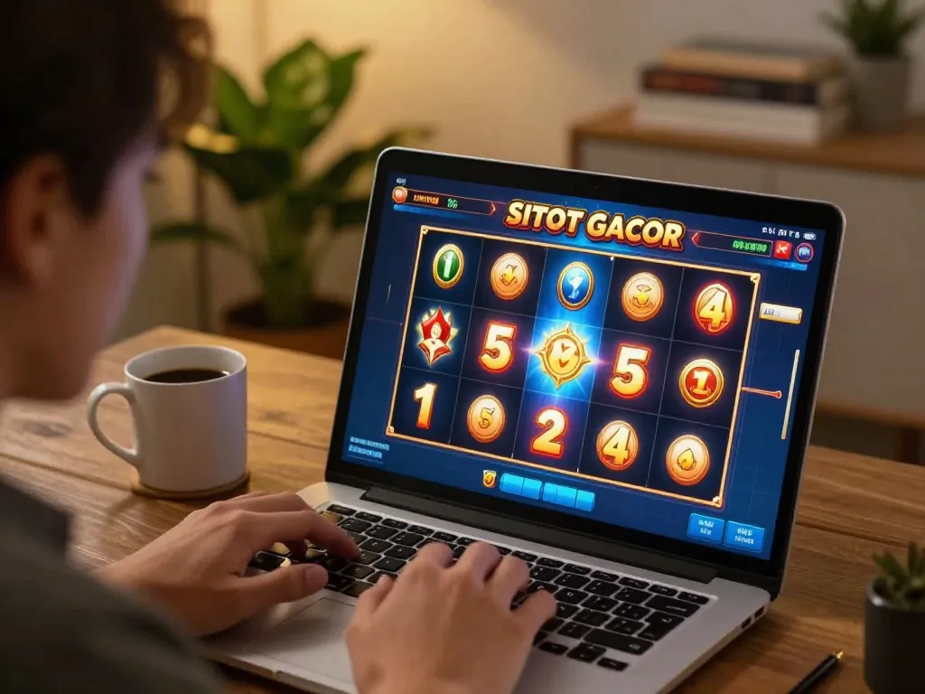 Player engaging in situs slot gacor, showcasing vibrant online gaming interface from home setup.