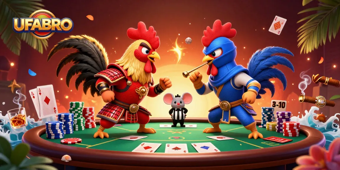 Experience thrilling bets at UFABRO as roosters duel over poker chips in dynamic 3D illustration.