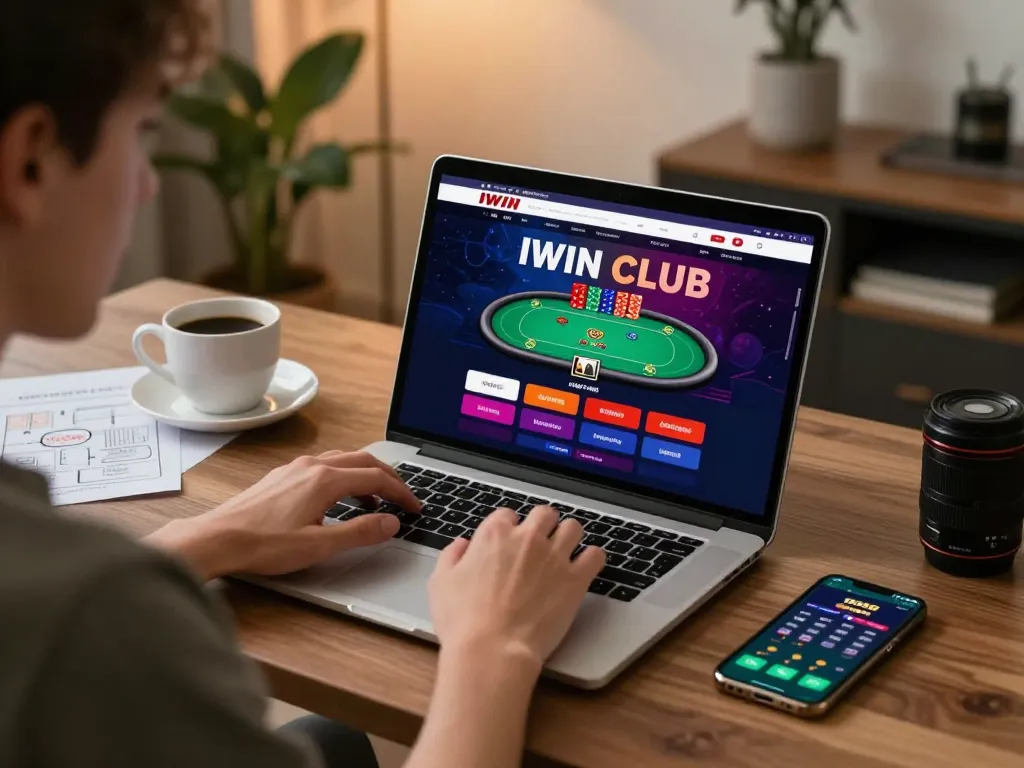 IWIN CLUB online gaming session with player engaged in poker strategy from stylish home office