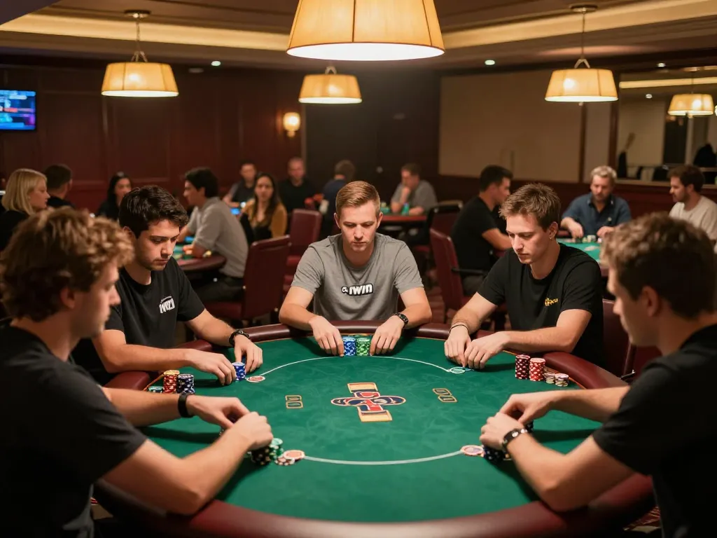 Players engaging in a thrilling game at iwin club poker tournament with vibrant casino ambiance.