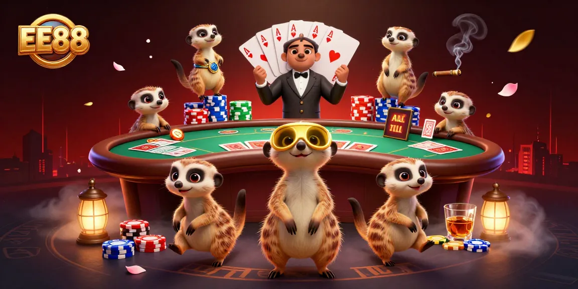 EE88 meerkats strategizing on a dynamic casino scene filled with poker games.