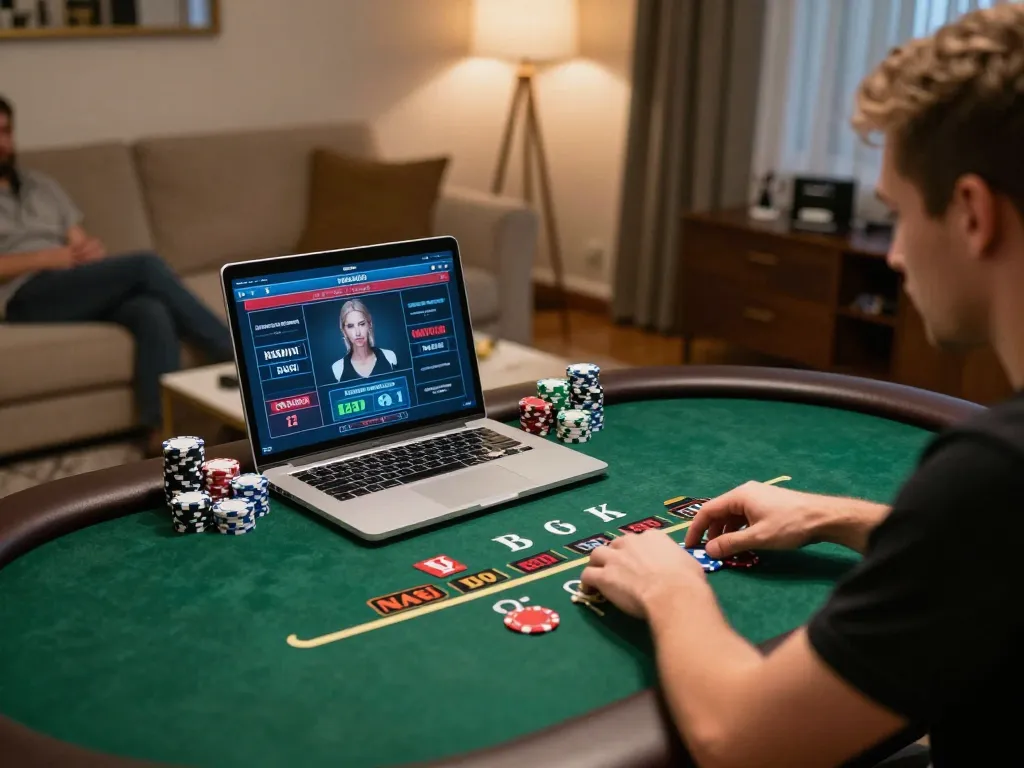 NAGA2000 player engaged in a live blackjack game at home, emphasizing strategic gameplay.