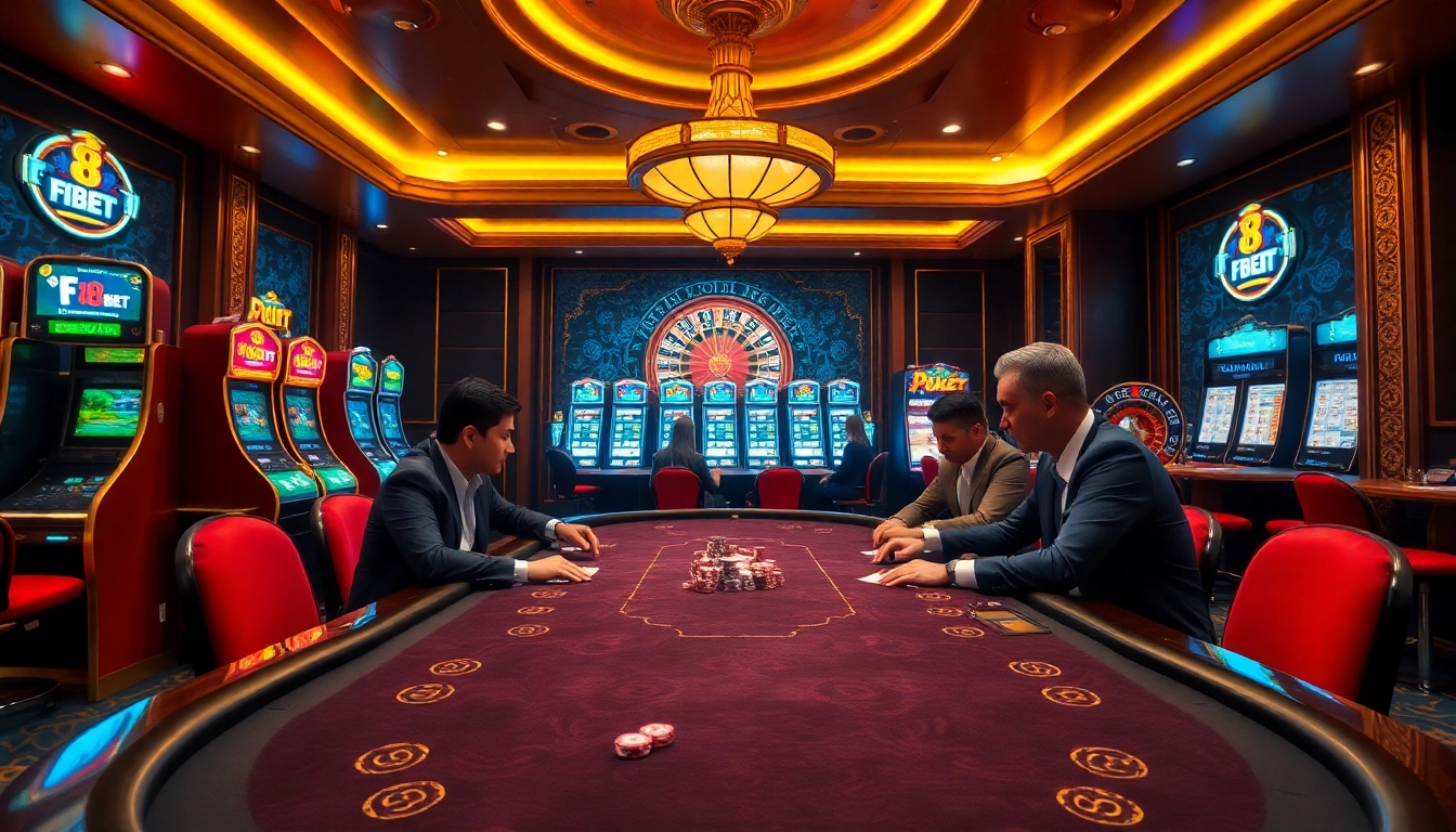 F8BET offers an exciting poker scene with engaged players around a luxurious table.