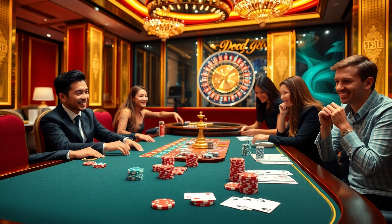 Capture players enjoying an intense game at a j88-themed casino table with luxurious decor.
