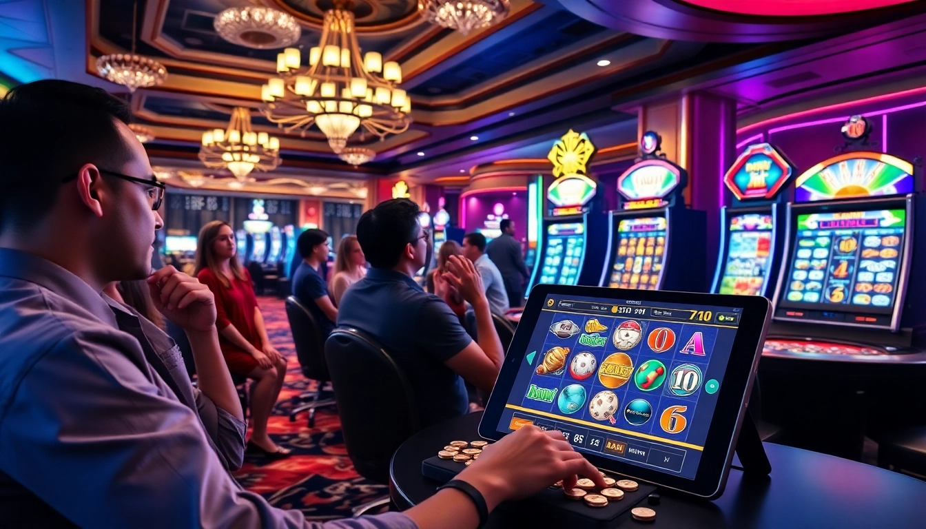 Exciting scene at a situs judi slot casino with players enjoying vibrant slot machines and jackpot wins.