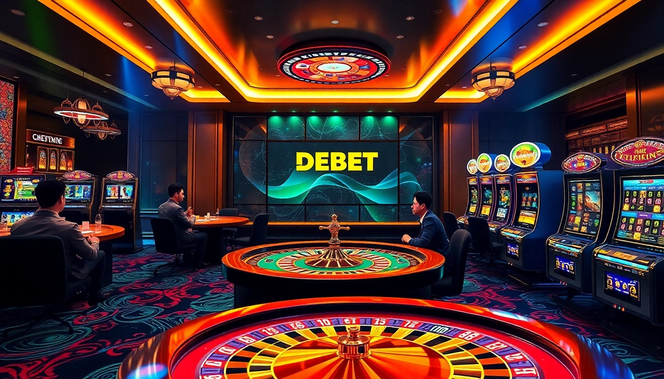 Cổng Game DEBET offers thrilling online gambling experiences with vibrant poker tables and roulette ambiance.