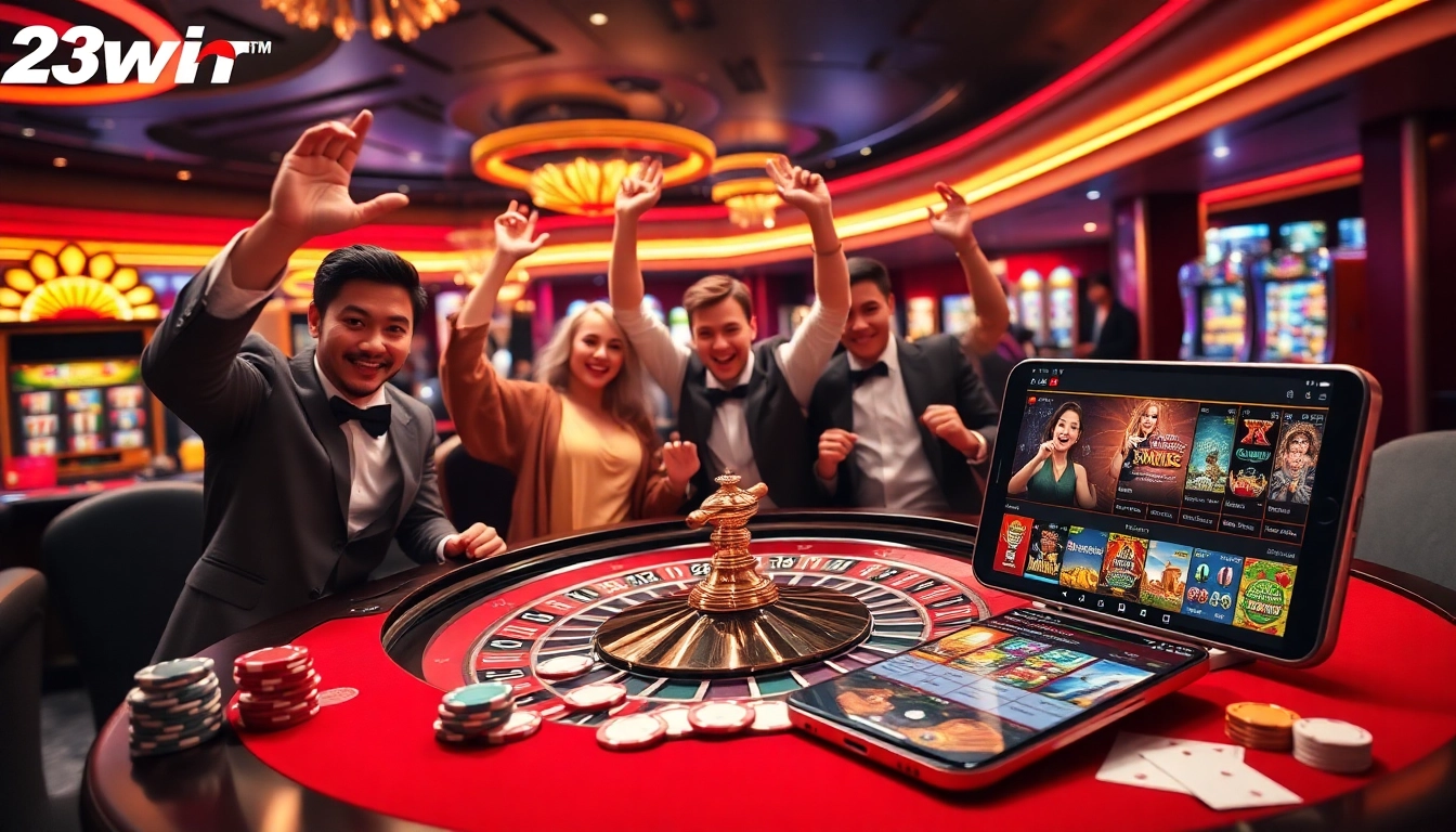 Players celebrating big wins at 23win's luxury casino with vibrant slot machines and roulette tables.