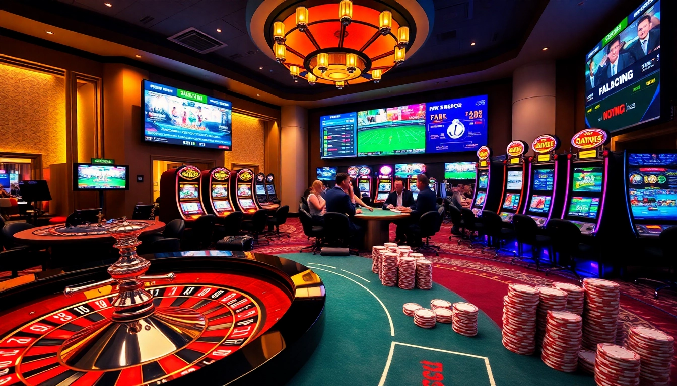 Engaging casino scene depicting excitement at https://urr88.com/ with players at a roulette table and slot machines.