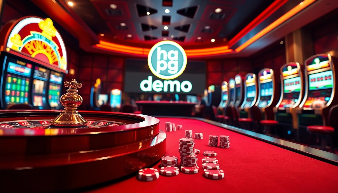Engage with demo pg soft gaming through a luxurious casino scene featuring vibrant slot machines and roulette.
