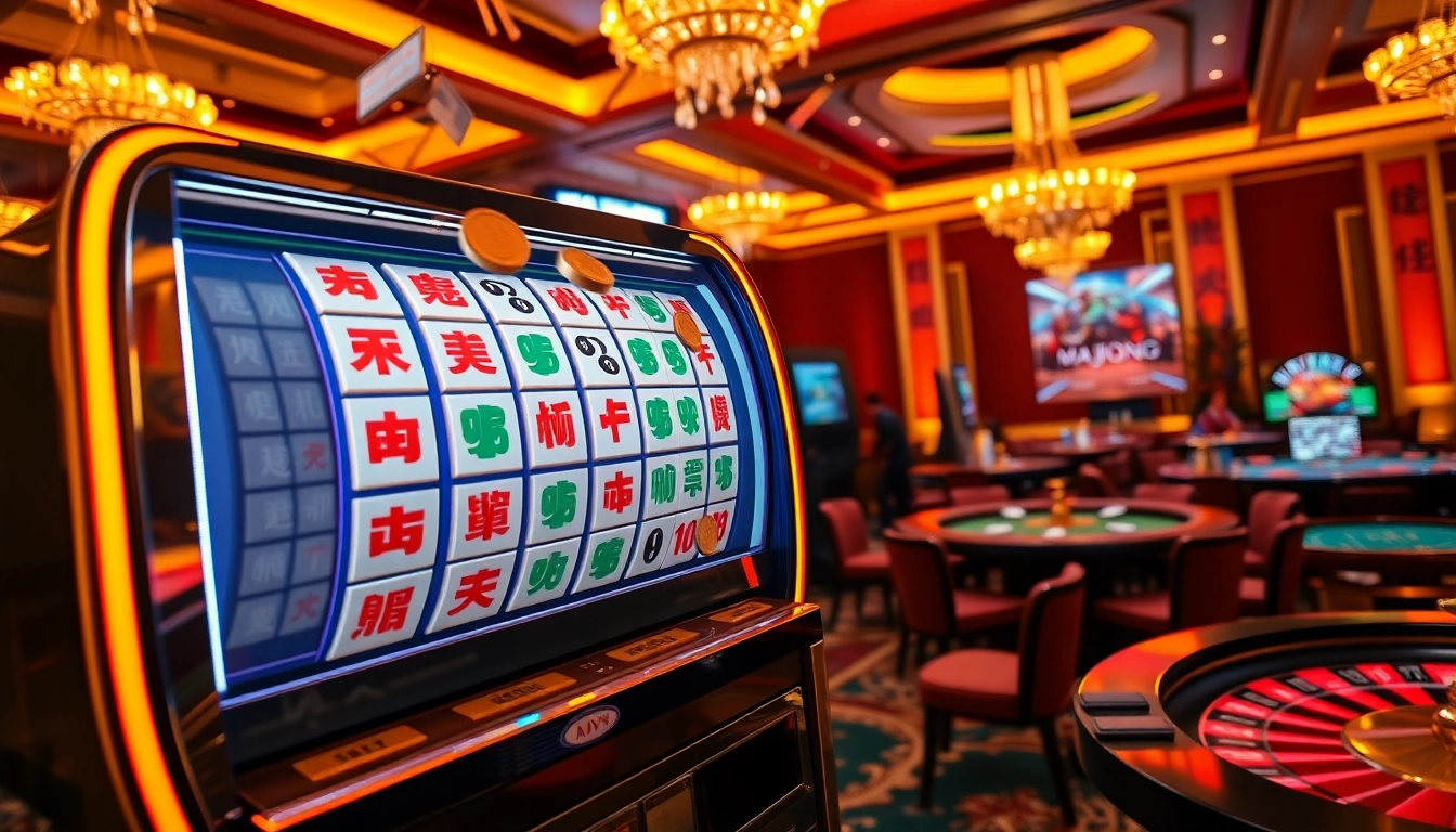 Players experiencing excitement while spinning the mahjong slot machine in a luxurious casino setting.