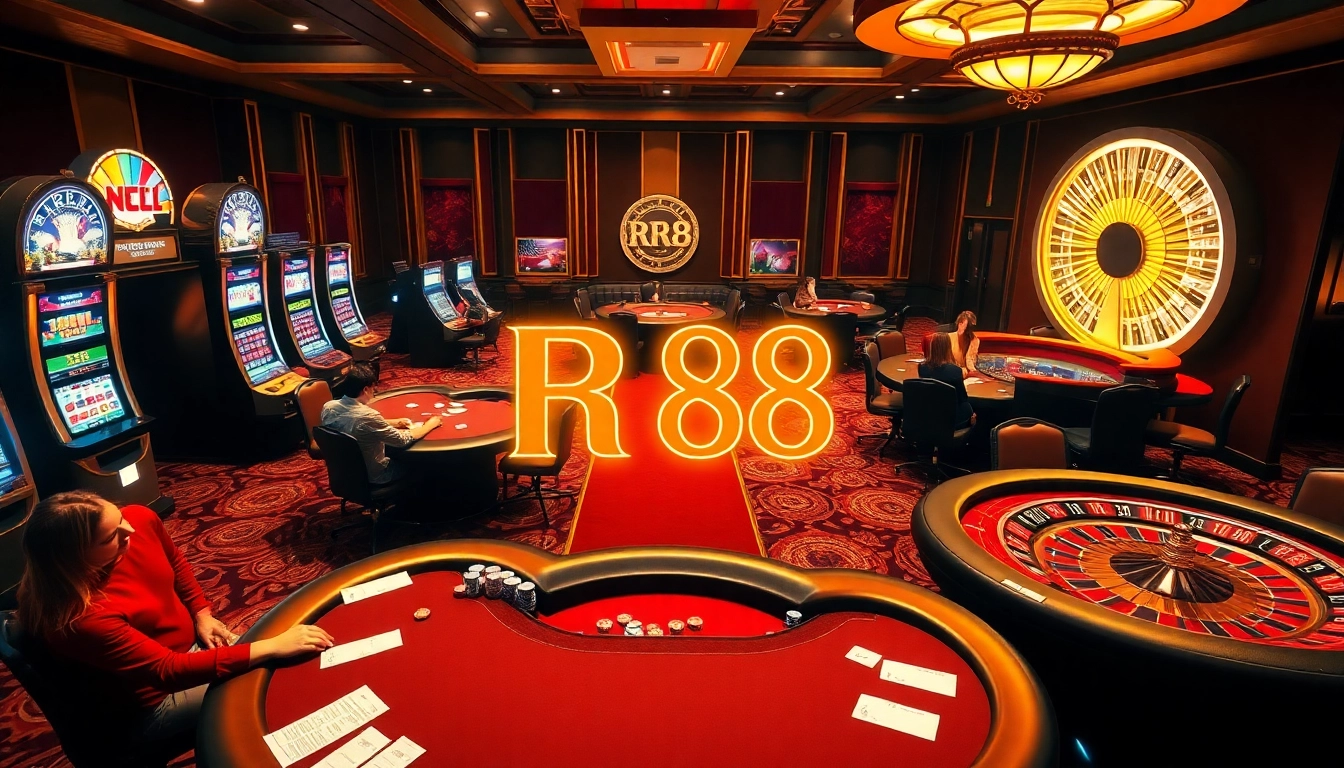 Experience the thrill of RR 88 with an engaging casino scene featuring luxurious tables and vibrant slot machines.