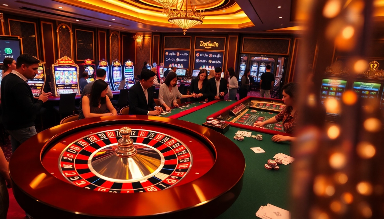 Para pemain menikmati permainan di kasino mewah dengan antarmuka taruhan online bertema Datukwin.
