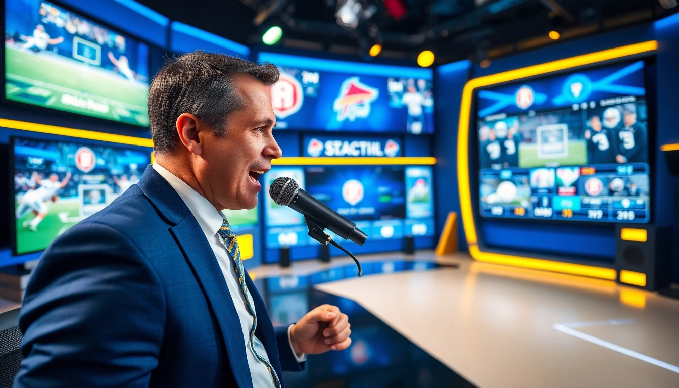Engaging sports broadcasting studio showcasing a passionate sports anchor delivering news.