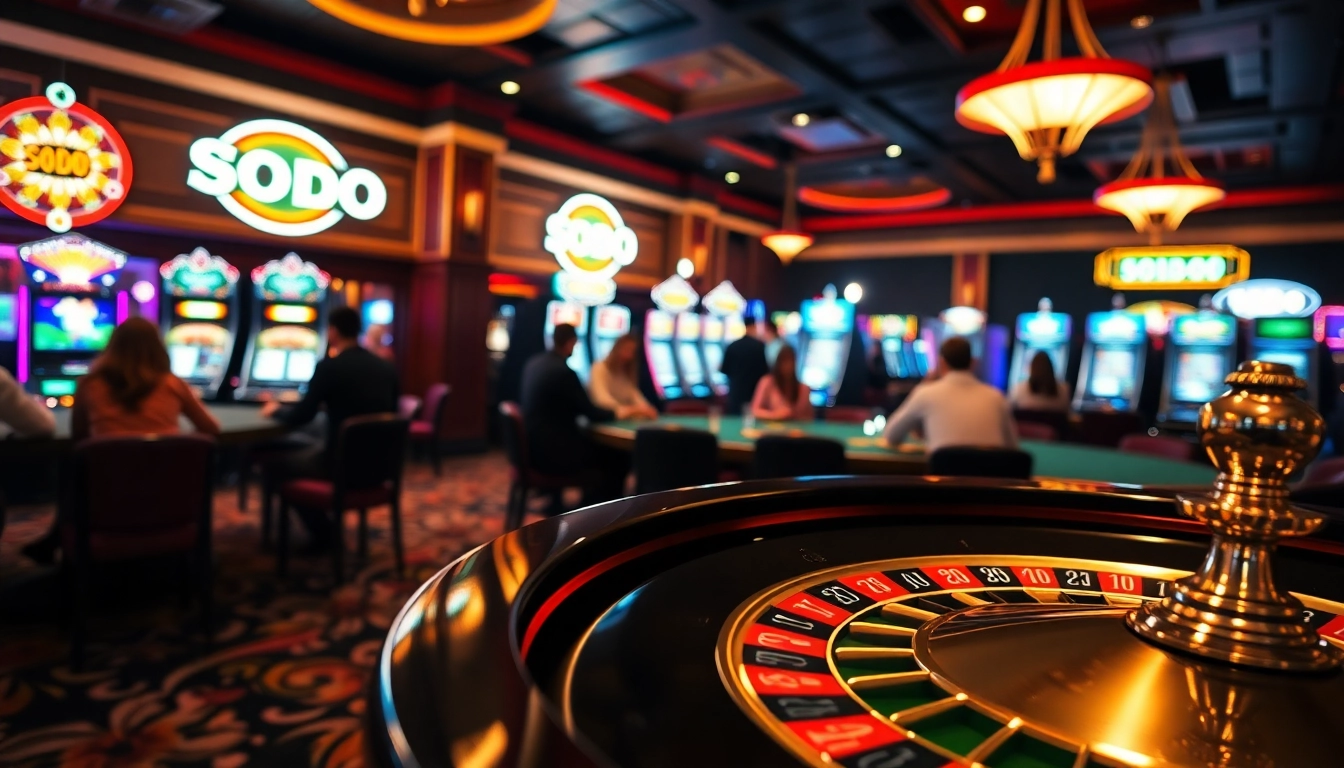 SODO casino scene with players at poker table and vibrant slot machines, showcasing a lively atmosphere.