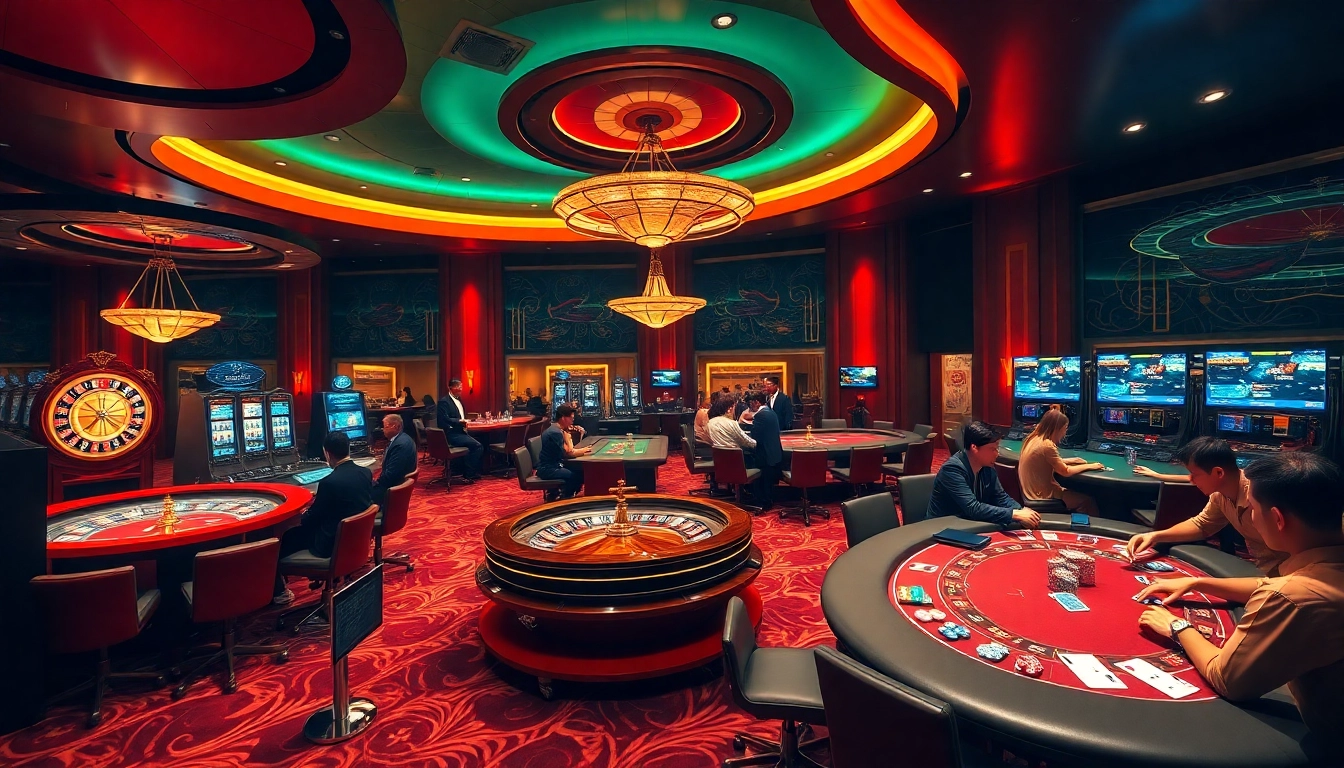 Exciting gaming action at https://rr88rd.com/ with vibrant casino tables, roulette wheels, and thrilled players.