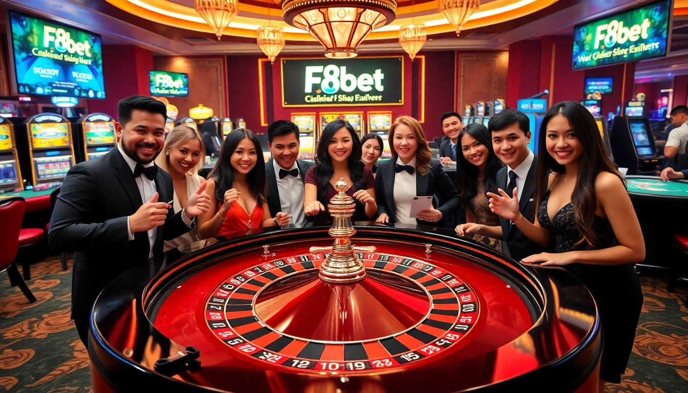 Excited players betting at the luxurious F8bet roulette table in a vibrant casino setting.