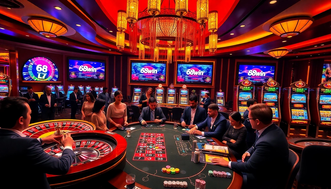 Experience the thrill of 68win with players at a vibrant casino, surrounded by slot machines and roulette tables.