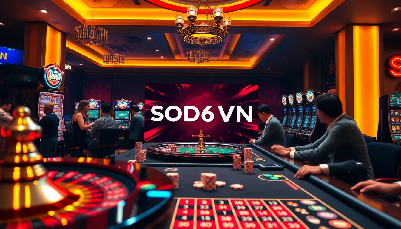 SODO66VN showcases an exciting casino atmosphere with roulette, poker chips, and slot machines.