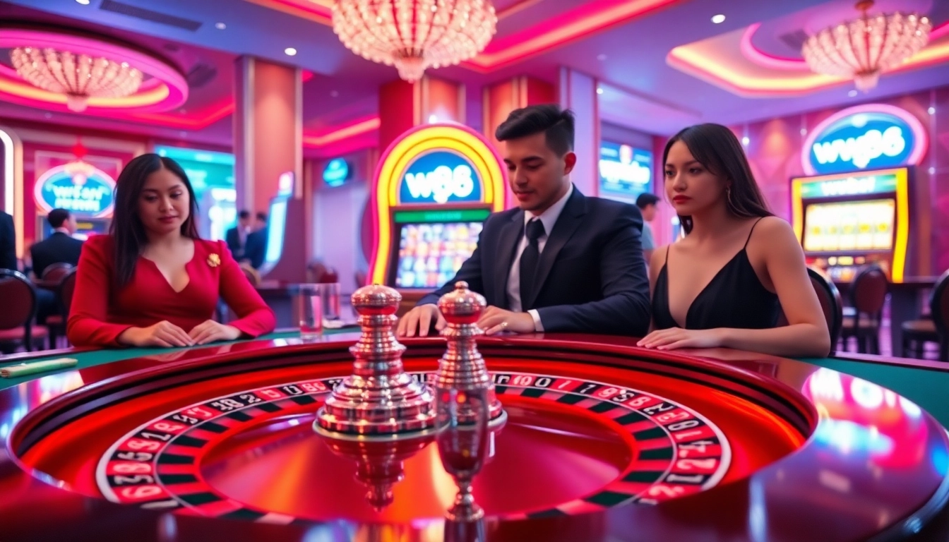 Casino players enjoying roulette at ww88, vibrant atmosphere with poker chips and slot machines.