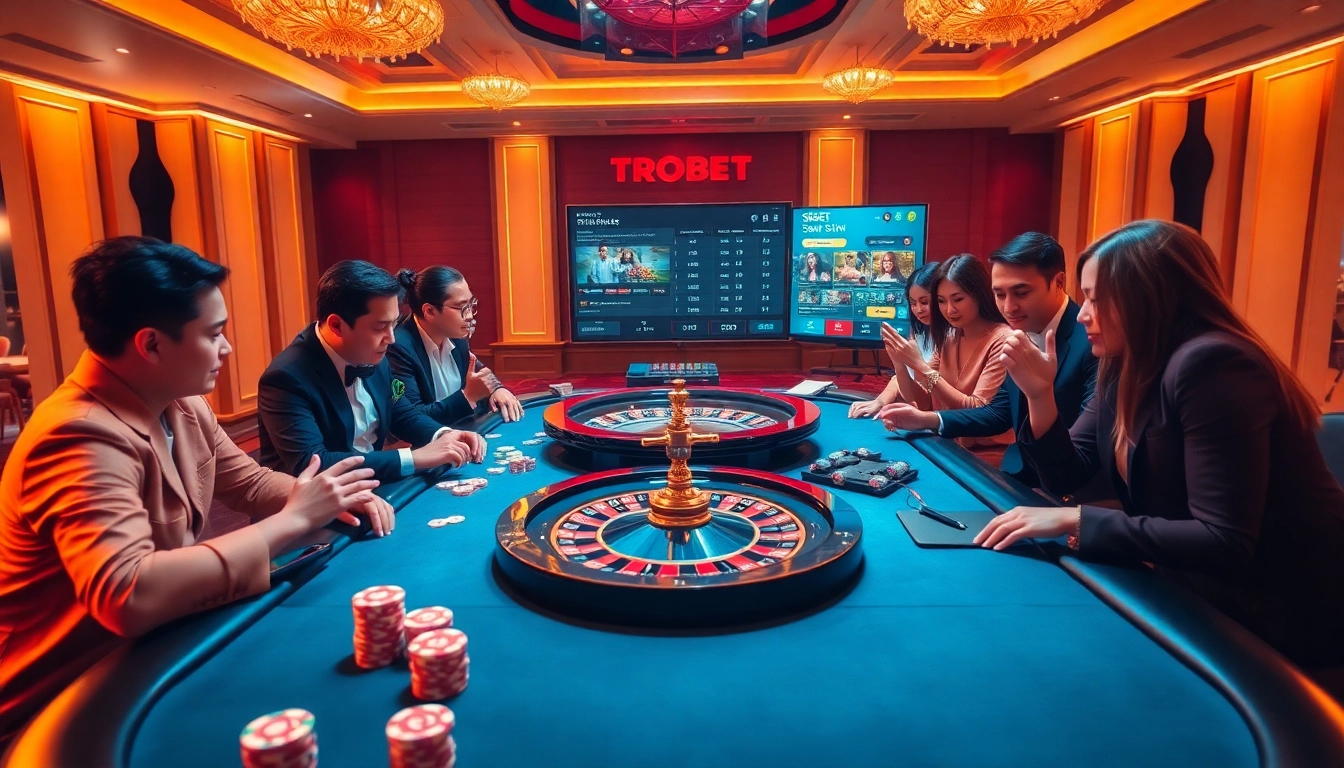 Players engaging in an exciting game at the TRANG CHỦ SBOBET table with glistening chips and vibrant cards.